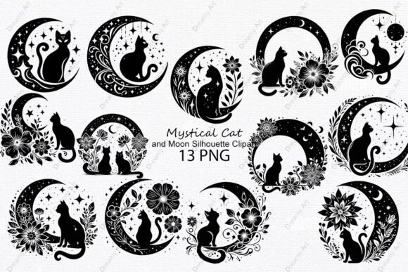 Download Mystical Cat and Moon Silhouette Clipart - Cat Collection