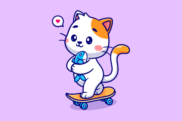 Download Cute Cat Holding Fish on Skateboard - Cat Collection