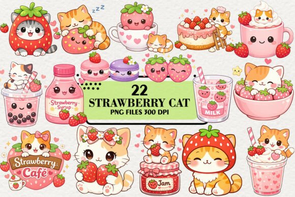 Download Kawaii Strawberry Cat Clipart Bundle - Cat Collection