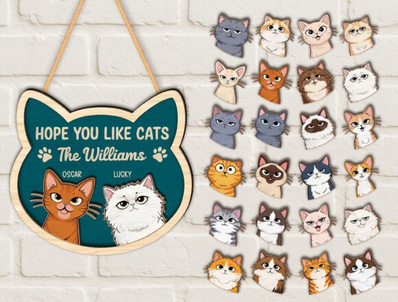 Download Custom Cat Shape Wood Welcome Door Sign - Cat Collection