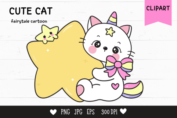 Download Cute Cat Cartoon Hug Star Kawaii Clipart - Cat Collection
