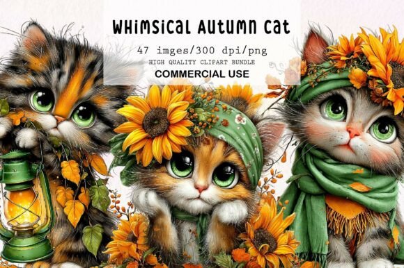 Download Whimsical Autumn Cat Clipart Bundle - Cat Collection