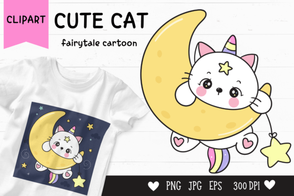 Download Cute Cat Cartoon on Moon Kawaii Clipart - Cat Collection