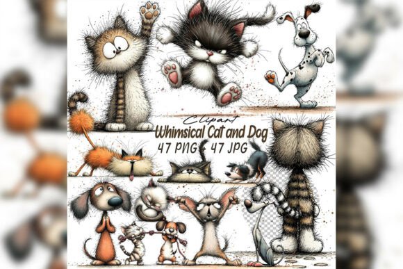 Download Whimsical Cat &amp; Dog Friends Clipart Set - Cat Collection