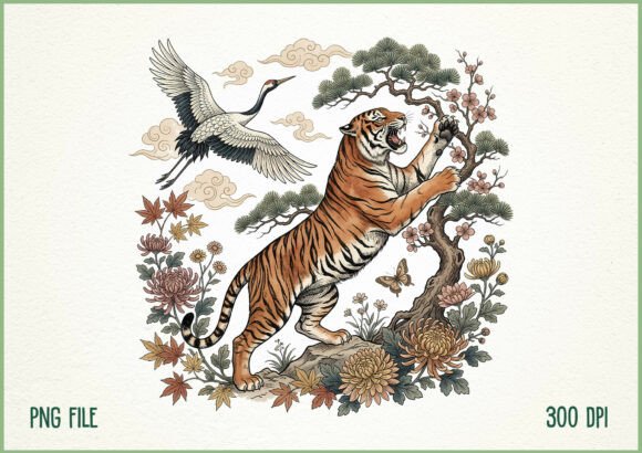 Download Vintage Japanese Tiger Crane Floral PNG - Png Collection